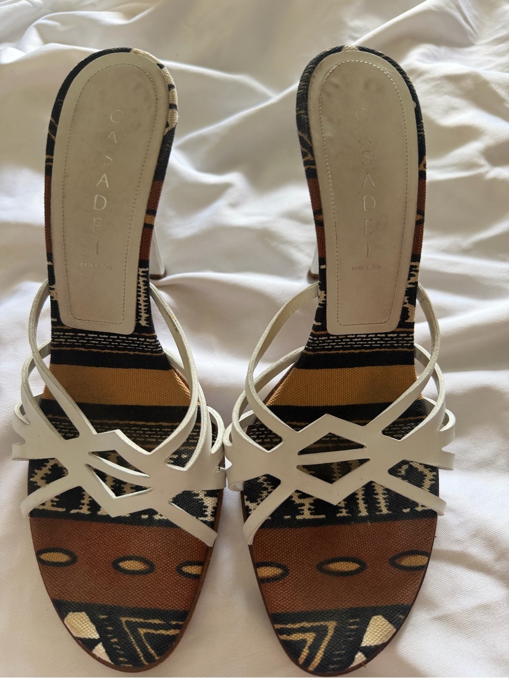 Casadei White Strappy Southwest Pattern Slide Heels